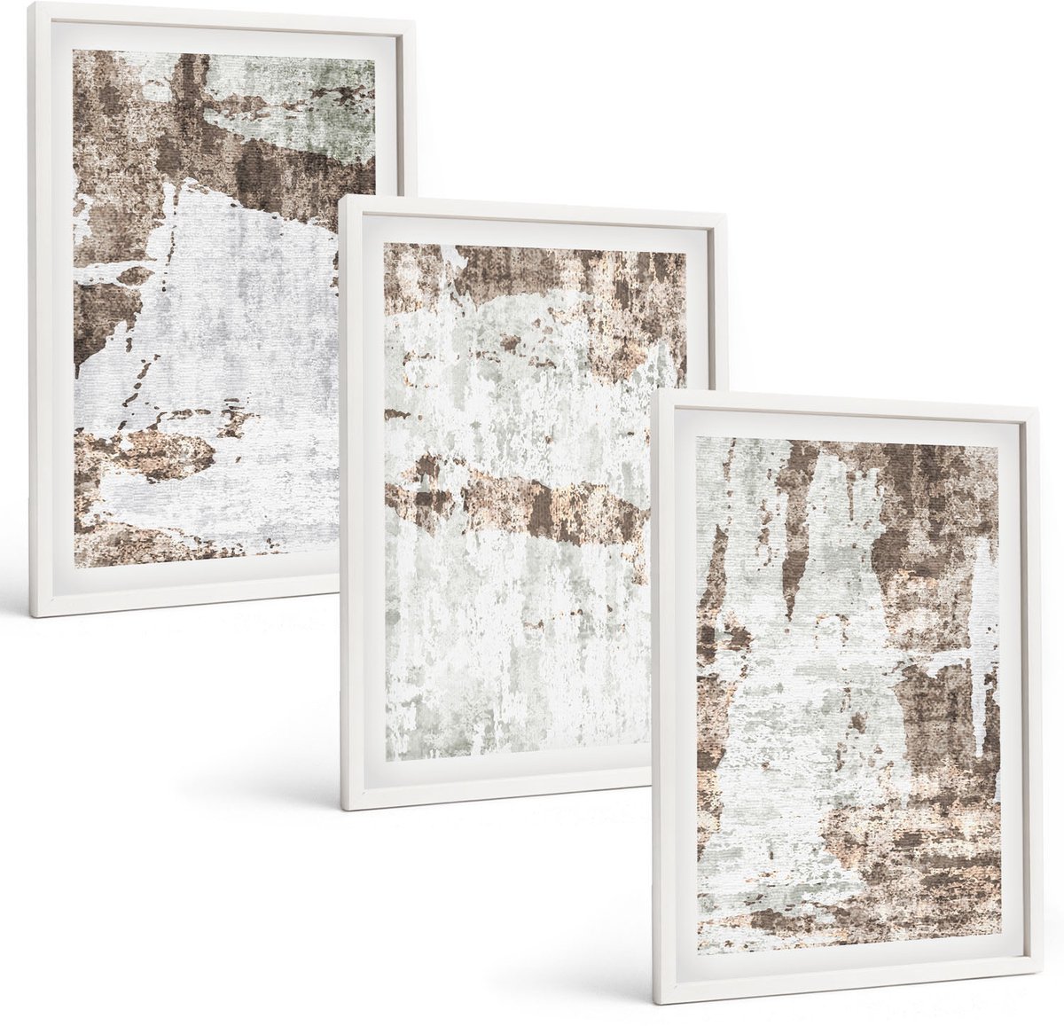 Coloray 3-Delige Schilderij Set - Abstracte Patronen In Tinten Wit En Bruin. - 40 x 60 - Muurdecoratie - Wanddecoratie - Hal
