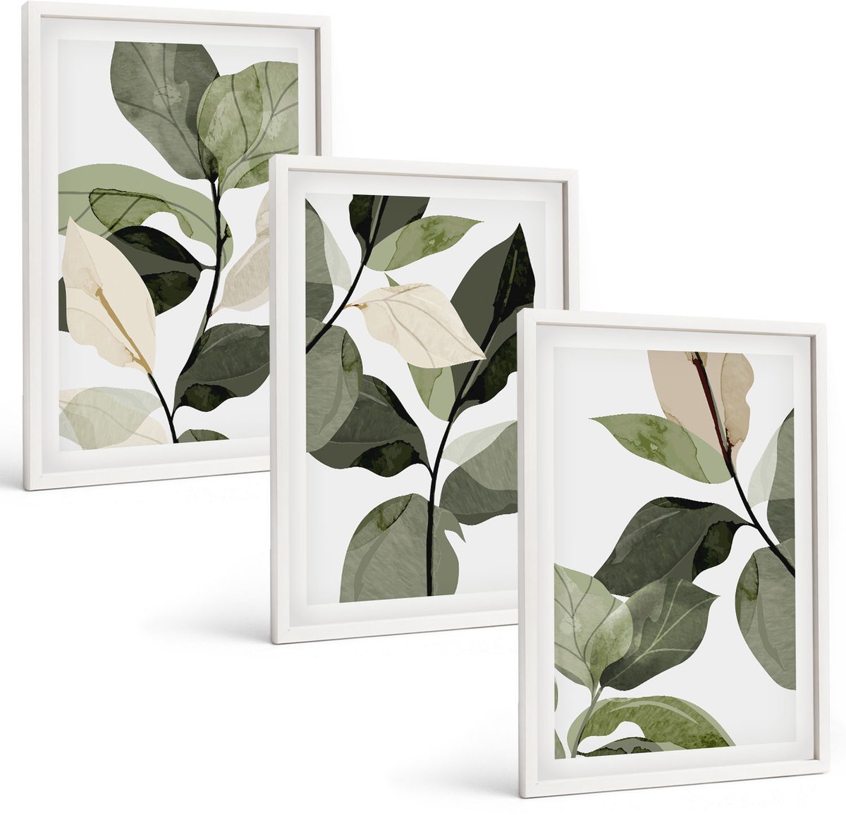 Coloray 3-Delige Schilderij Set - Geschilderde Delicate Boho-Plantenbladeren - 40 x 60 - Wanddecoratie - Schilderijen Set - Interieur - Moderne Wanddecoratie
