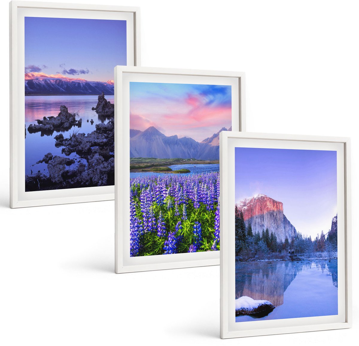 Coloray 3-Delige Schilderij Set - Berglandschappen Met Water, Lucht En Bloemenvelden - 40 x 60 - Wanddecoratie - Schilderijen Set - Kantoor - Decoratieve Schilderijen