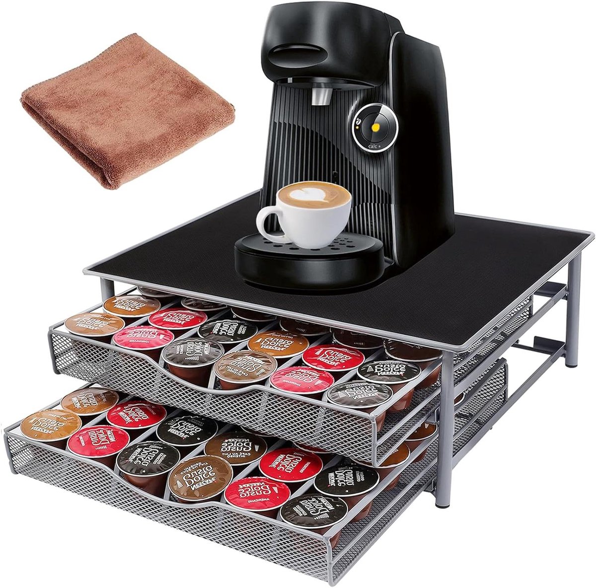 Capsulehouder met lade - Koffiepads organizer - Koffie bewaren - Dubbele lade - 72 capsules - Matgrijs