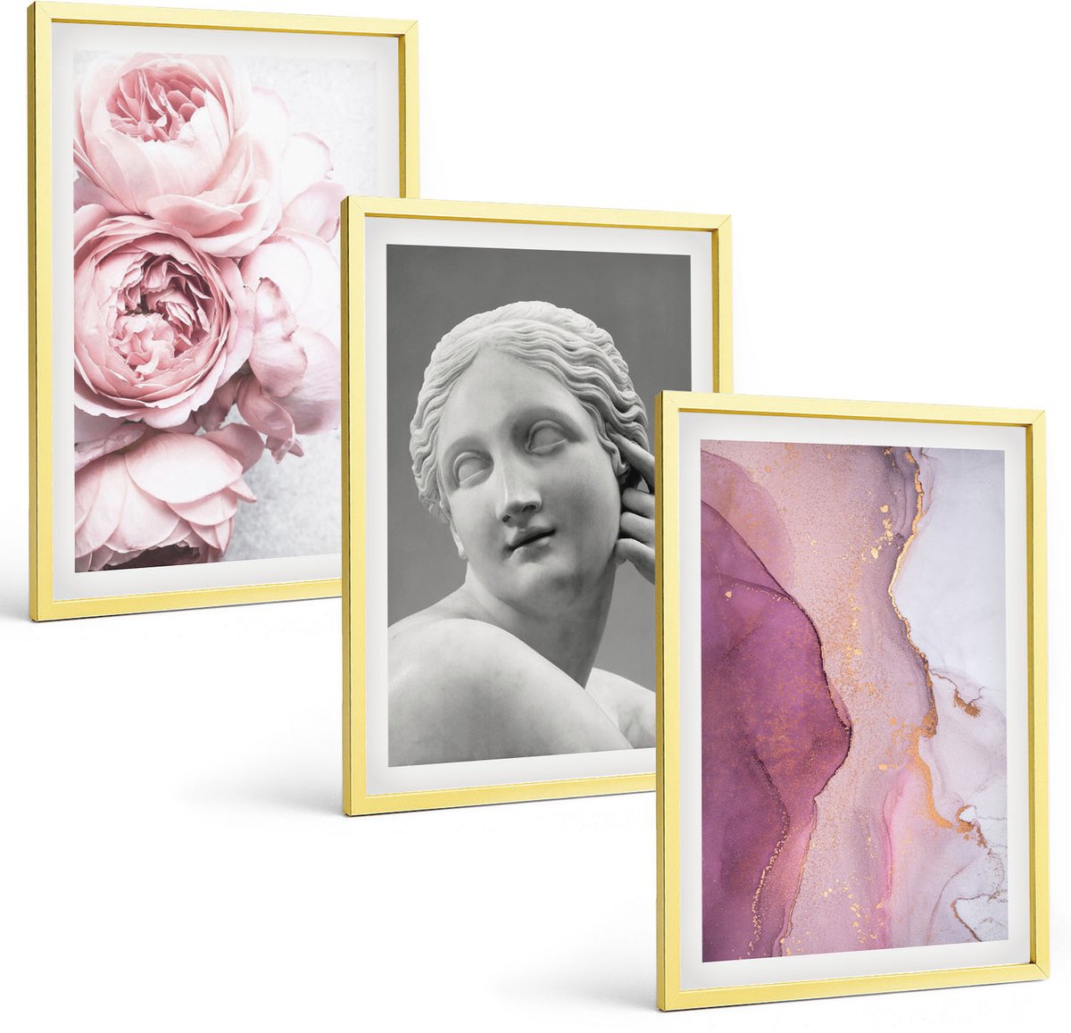 Coloray 3-Delige Schilderij Set - Decoratieve Steenstructuur Van Groen Geaderd Marmer. - 40 x 60 cm - Muurdecoratie - Wanddecoratie - Slaapkamer - Woonkamer Decoratie
