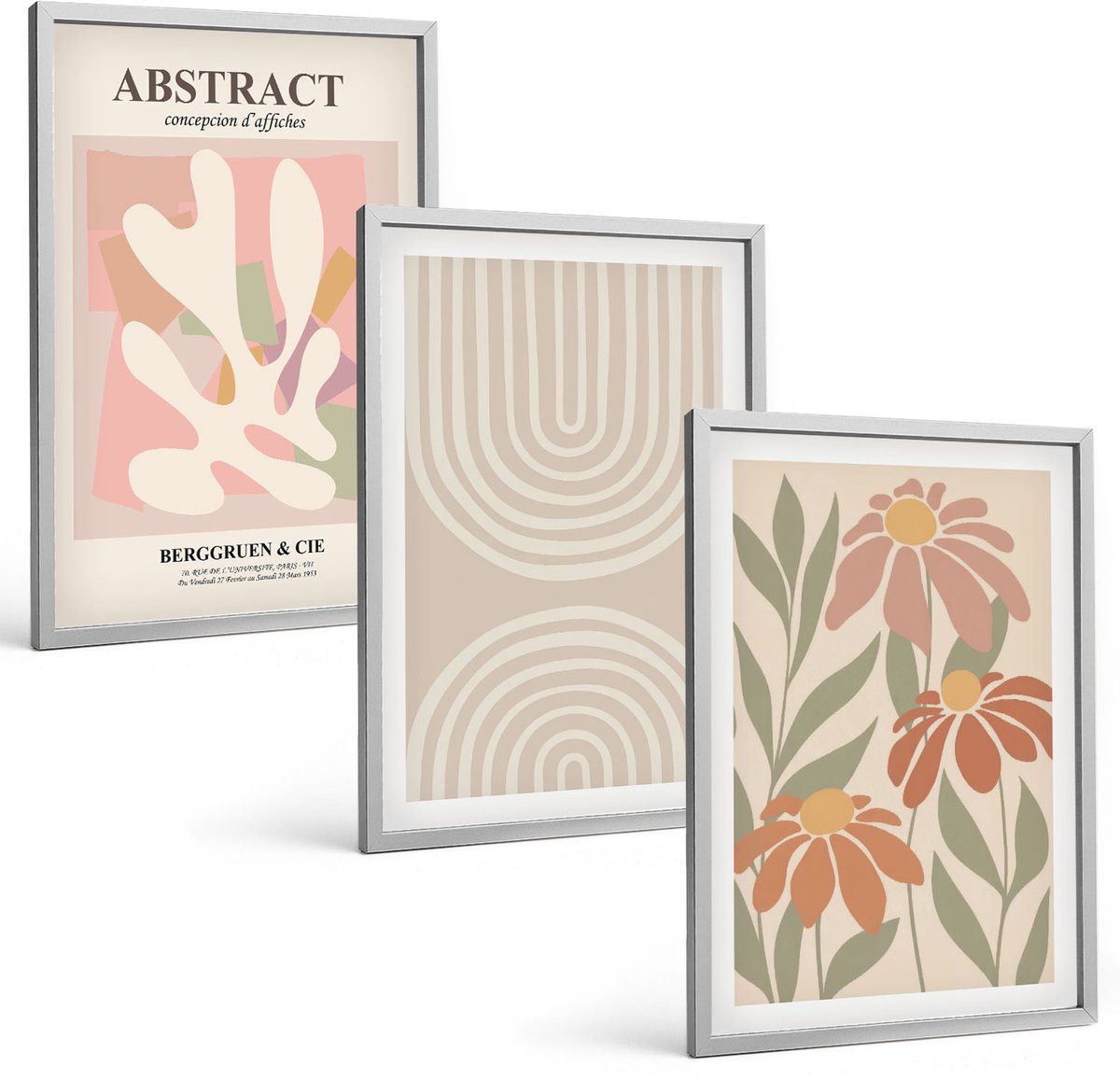Coloray 3-Delige Schilderij Set - Abstracte Vormen Met Plantmotieven In Pastelkleuren. - 40 x 60 cm - Wanddecoratie - Woonkamer Decoratie - Stijlvolle Muurdecoratie