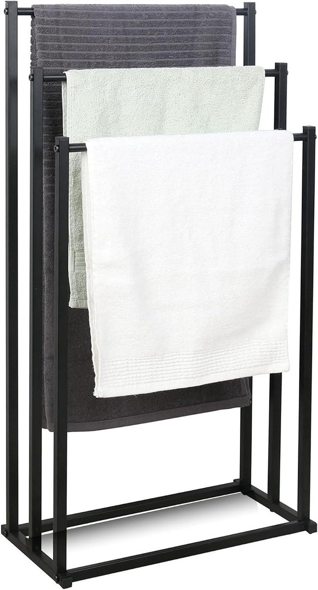 Handdoekrek Badkamer - Handdoekhouder Vrijstaand - Handdoeken Drogen - Drie Hoge Rails - 86cm Hoog - Zwart