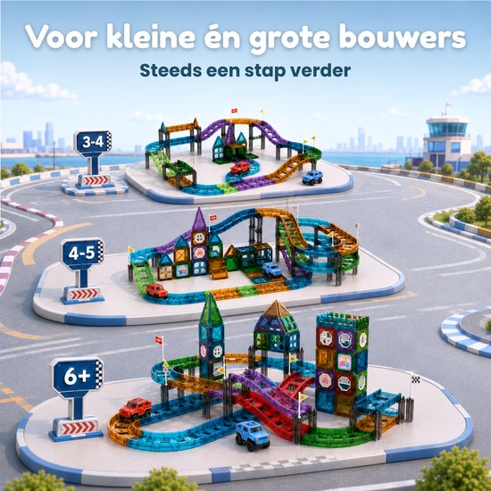 Drie kleurrijke magnetische racebaanconstructies met auto's en torens, voor 3-4, 4-5 en 6+ bouwers.