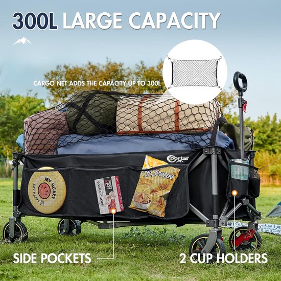 SnelShoppen - Opvouwbare Portal Bolderkar XXXL 400L - 160kg Belastbaar - Grote Handwagen met Bekerhouder en Zijvak - Ideaal voor Strand, Tuin, Camping van Snelshoppen — afbeelding 3
