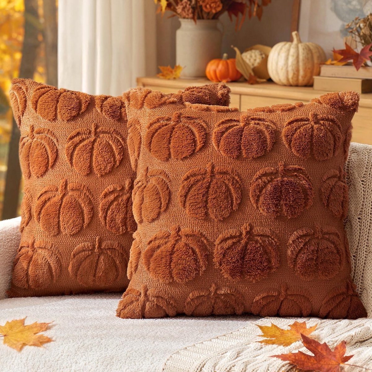 Set van 2 Kussenhoezen met Kunstwol en Herfst Pompoenpatroon voor Slaapkamer, 45 x 45 cm, Caramel Kleur