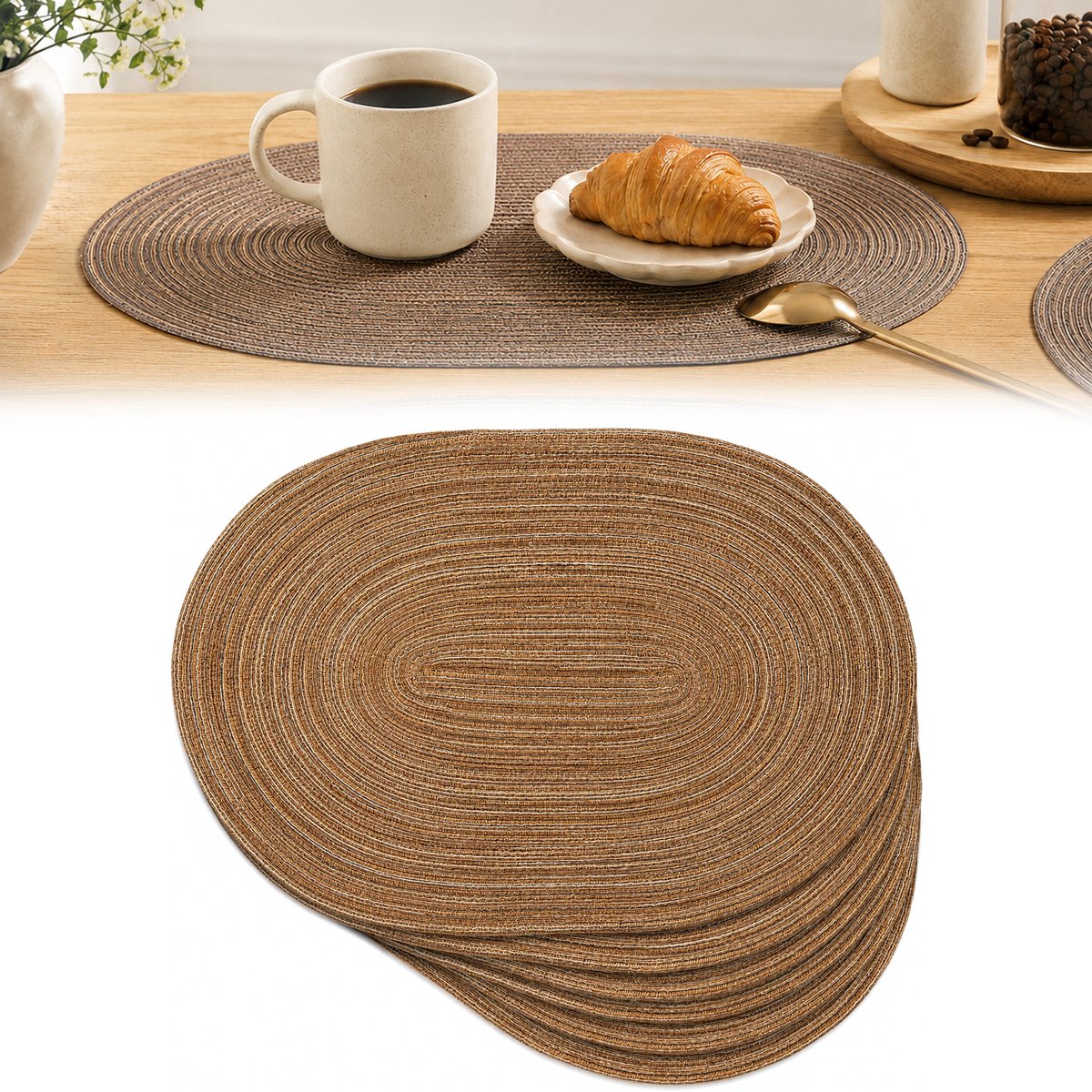Placemats - Onderzetters - Ovaal Placemat - 45x30 cm - Geweven - Hittebestendig tot 85°C - Antislip - Afwasbaar - Katoen/Polyester - 6 Stuks - Bruin