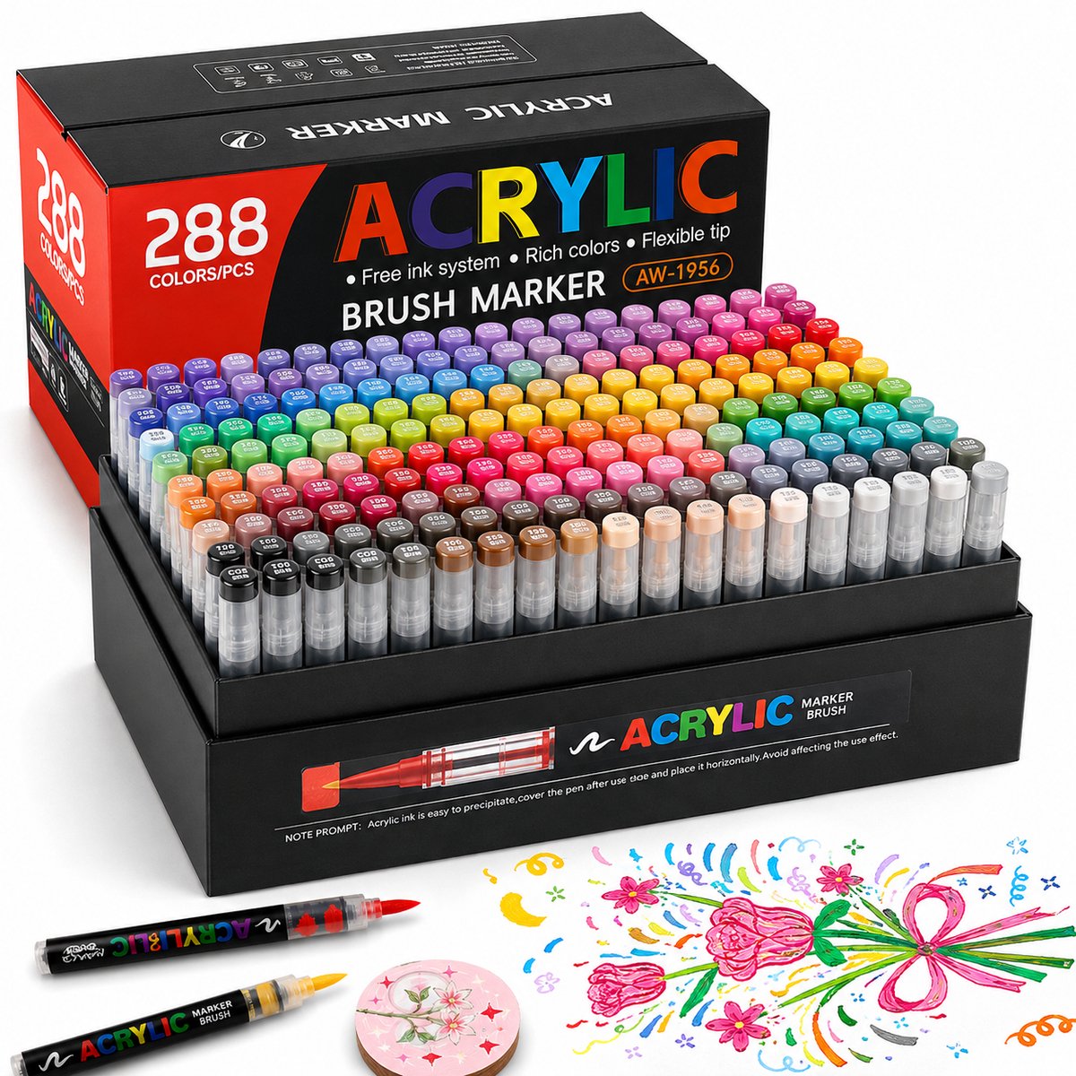 Acrylmarkers - Paint Markers Set 288 Kleuren - Flexibele Penseelpunt 1-5 mm - Sneldrogende Waterbestendige Acrylinkt - Direct Inktsysteem - Voor Hout, Steen, Glas, Keramiek, Stof, Kunststof en DIY