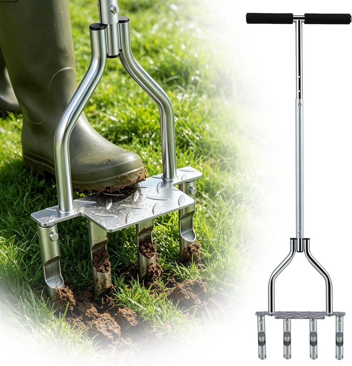 Gazonbeluchter Handmatig - Gazonventilator Tools - Gazononderhoud Verbeteren - 4 Kernen Efficiënt - 94 cm Lengte - Zwart