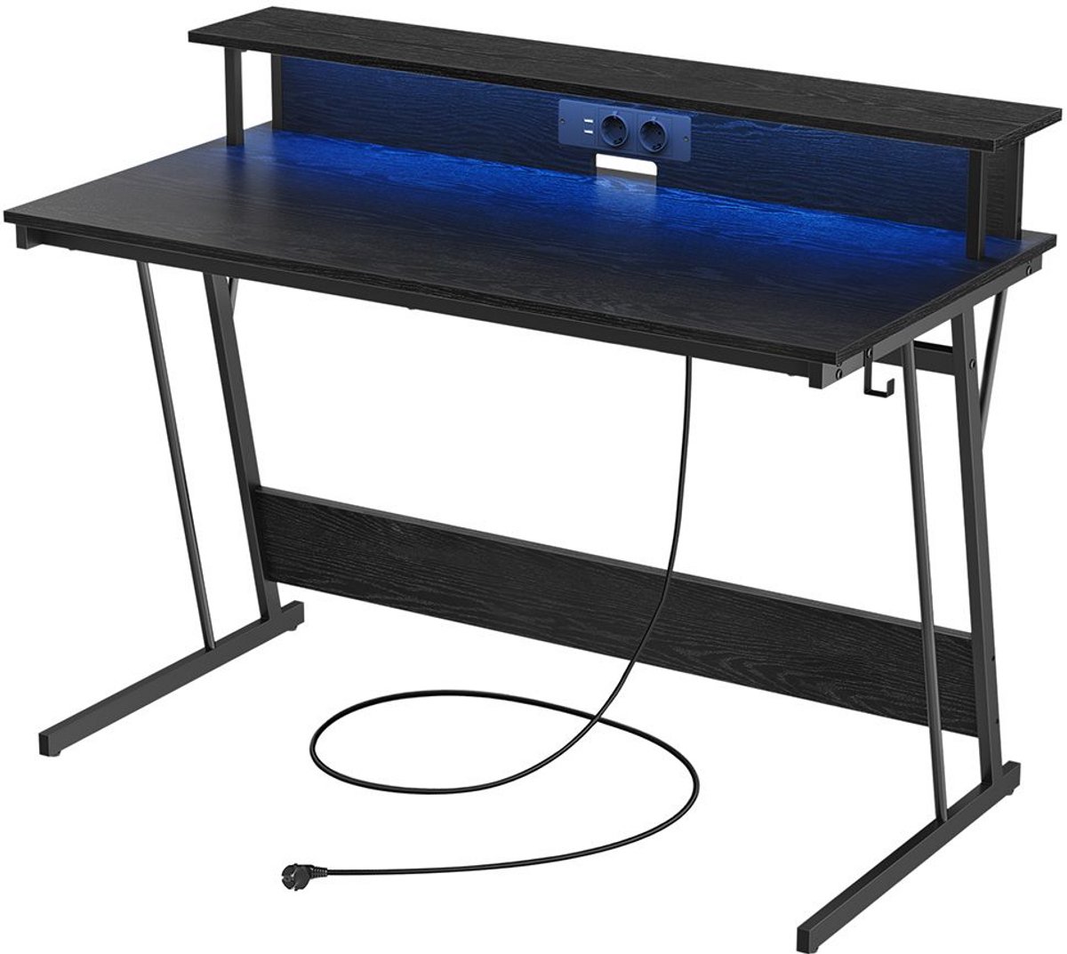 Multifunctioneel Computerbureau 60 x 120 x 76 cm Zwart, Gamingbureau met LED-Verlichting, Stopcontacten en USB, Monitorstandaard voor 2 Monitoren, Werktafel, Bureautafel, Gamingtafel voor Slaapkamer en Gamingruimte