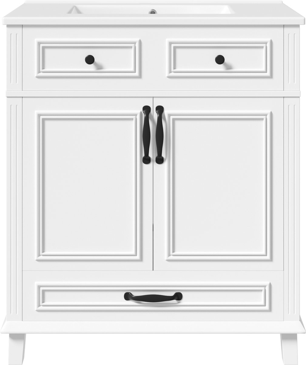 Vrijstaand Wastafelmeubel - Badkamermeubel 77 cm - Met Keramische Wastafel - 9 Opbergvakken - 77x46x86 cm - Soft-close - Badkamer Wit