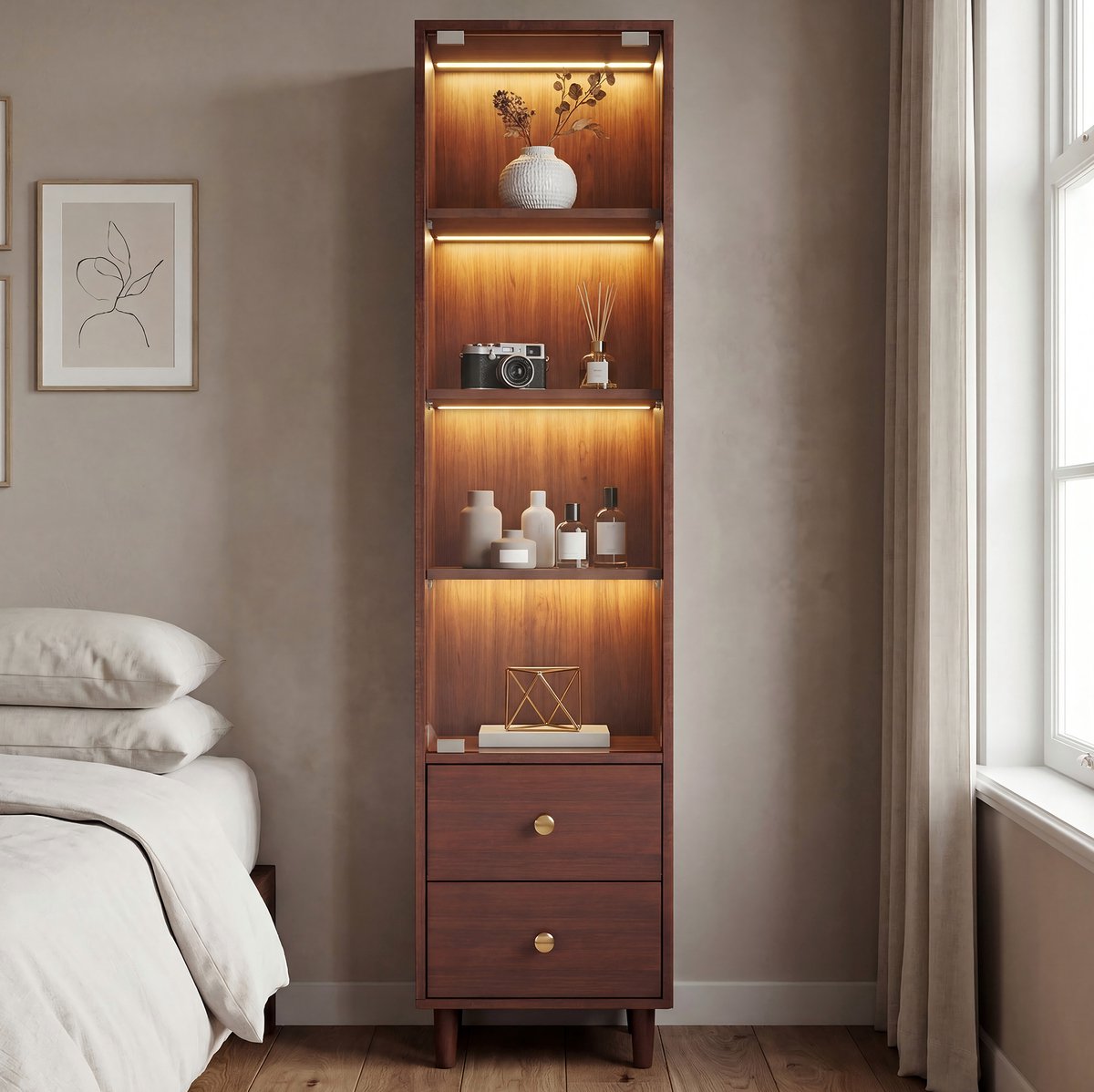 MODFU - Boekenkast - LED Verlichting En Glasdeur - Retro - MDF En Glas - Bruin - 165x40x35 Cm