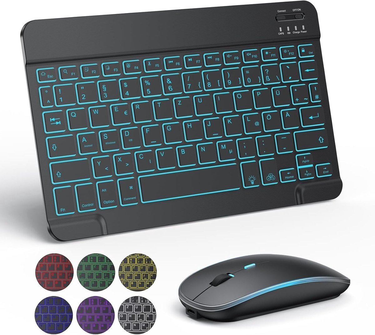 Draadloos Toetsenbord-Muis Set QWERTZ Bluetooth Toetsenbord-met Muis voor iPad Pro/Air/Mini/iPad 9e/8e Gen-7-Kleur Achtergrondverlichting, Zwart