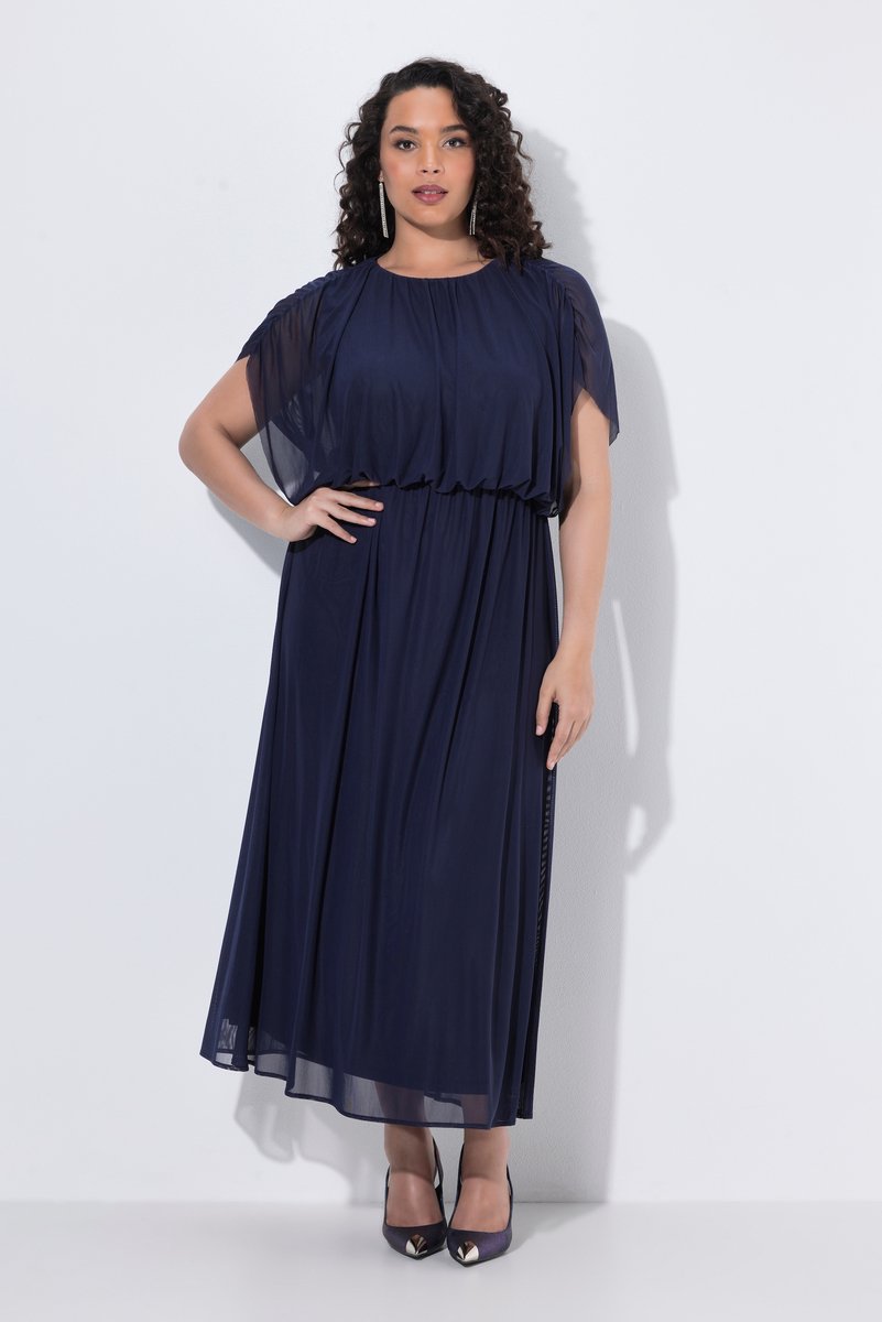 Ulla Popken - Dames - Maxi-jurk ballonmodel bovenstuk ronde hals mouwloos - Marine - Maat 46+