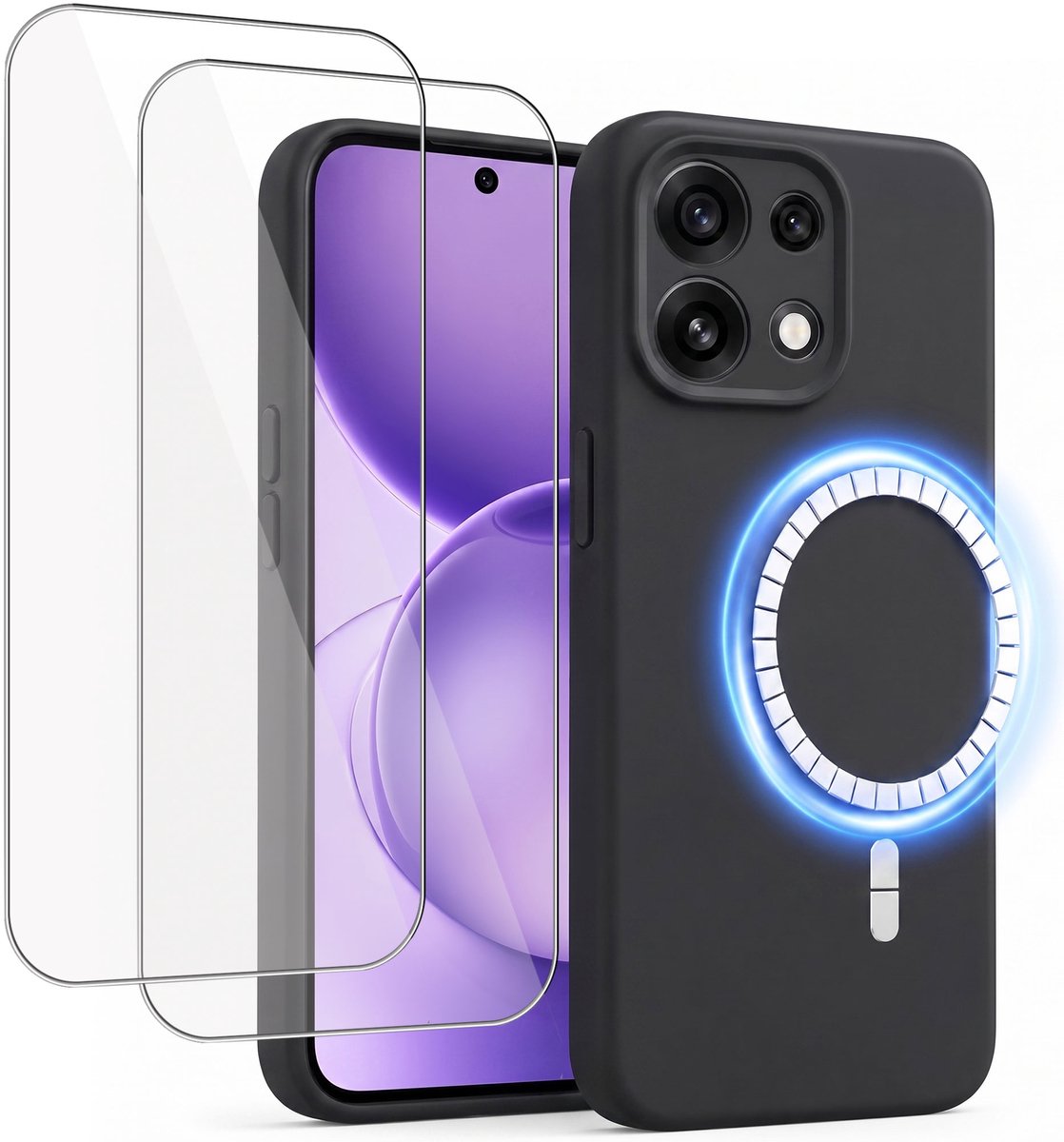 Hoesje + 2x Screenprotector geschikt voor Oppo Reno 16 Pro - Hoesje geschikt voor Magsafe - Draadloos opladen - Gehard Glas – Zwart