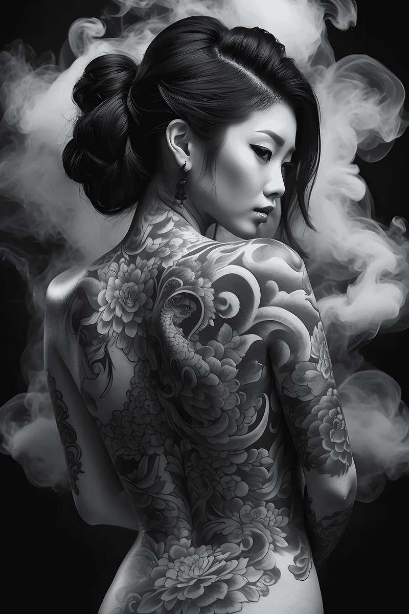 Japanse Tattoo Poster - Japanse Rug Tattoo - Oriental - Zwart Wit - posters - formaat 70x100cm - Wanddecoratie - L1740MT