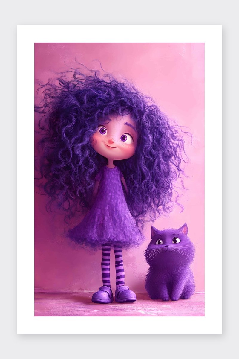 Kat Poster - Meisje - Schattig - Paars - Dieren - Magische - Kinderkamer - Kinder - posters - formaat 30x40cm - Wanddecoratie - BXS4245MT - Met kader - passe-partouts stijl