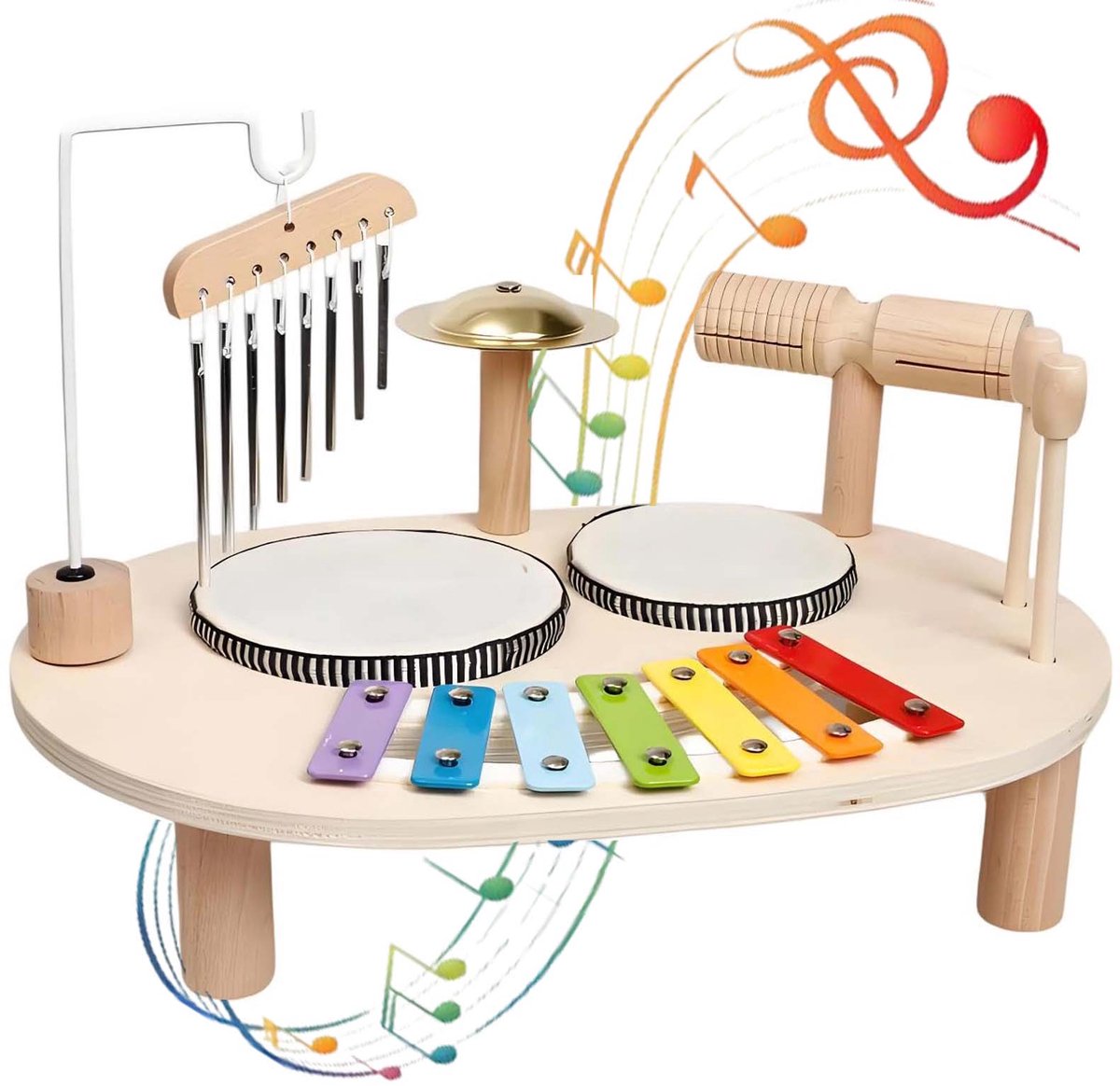 Houten Drumstel – Montessori-Muziek Speelgoed – Houten Muziekspeelgoed Tafel – Educatieve Activiteitentafel – Muziekinstrument voor Peuters van 1-3 Jaar