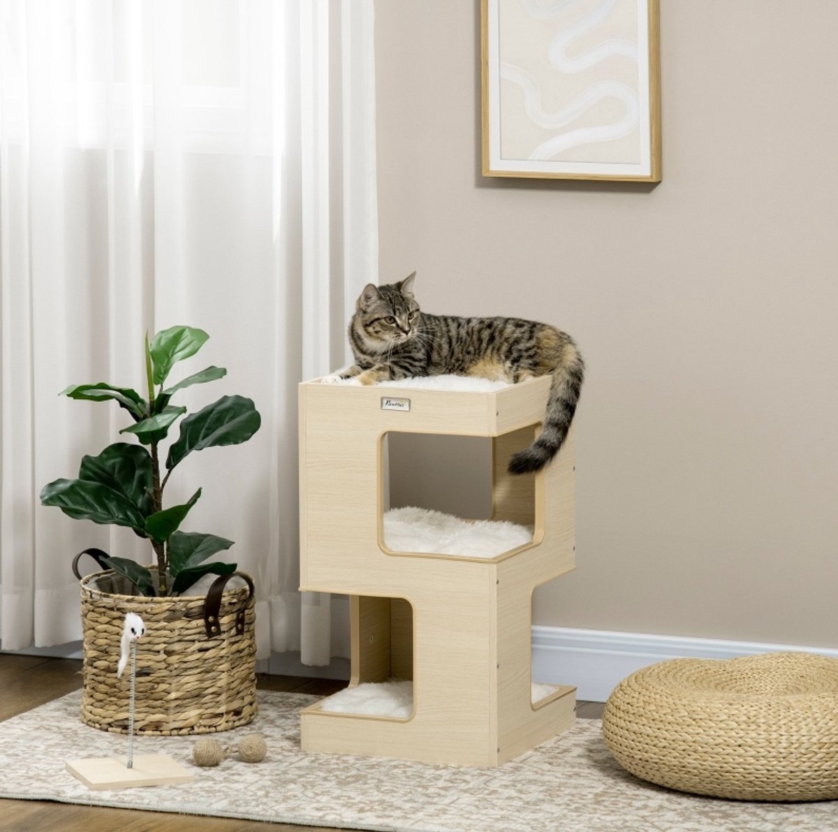 MODFU - Kattenhuis - Met Ligplatform En Speelgoed - Pluche En Hout - Naturel En Lichtgrijs