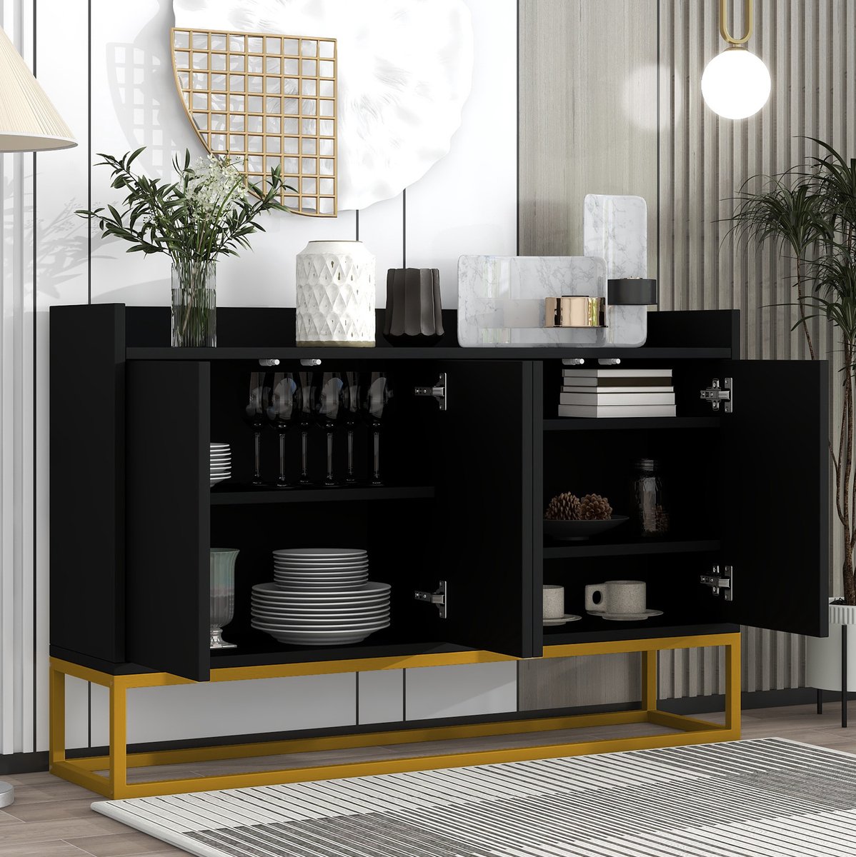 COVREO Sideboard 120x30x80 cm zwart - 4 deuren grifflos - minimalistische stijl - opbergkast voor eetkamer, woonkamer of keuken