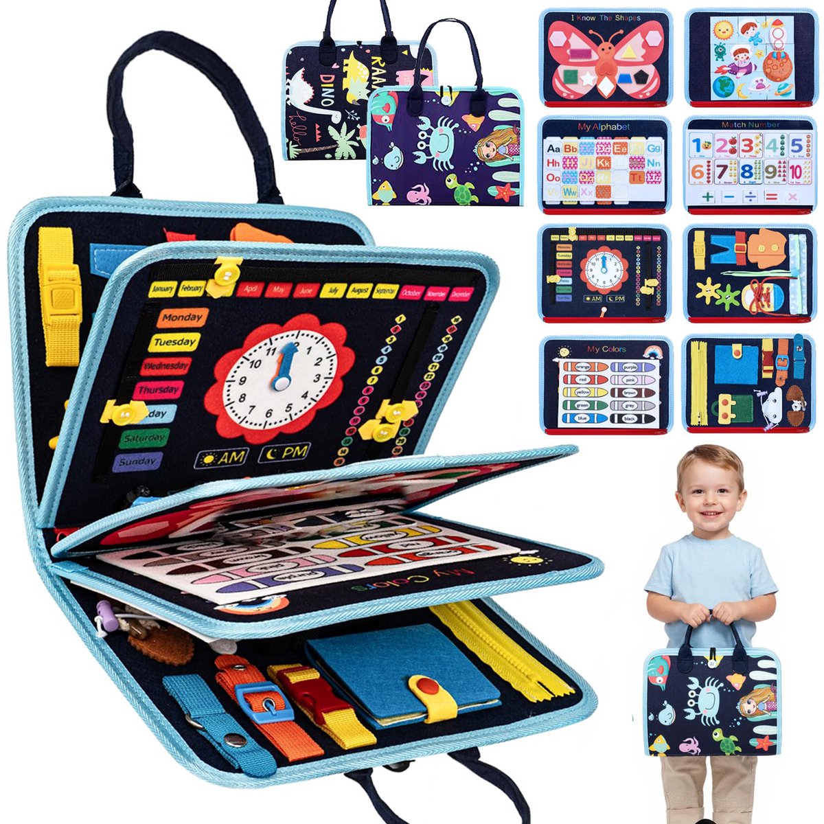 Montessori busy board voor peuters – 8 pagina's Montessori Activiteitenboek voor kleuters - Voelbaar sensorisch activiteitenbord voor fijne motoriek - Educatief reisspeelgoed voor baby's, jongens en meisjes - Blauw
