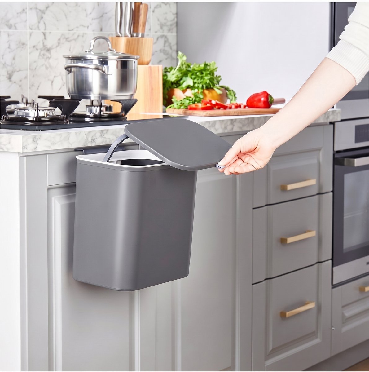 INDECOR Multifunctionele Prullenbak 15L – Aanrecht / Bureau – Met Schuifdeksel - Ophangbaar met Plakstrip - Antracite