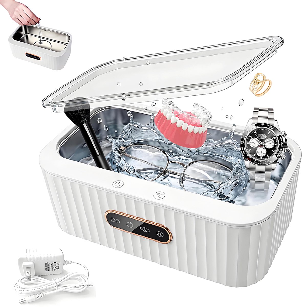 Professionele ultrasone reiniger - Sieradenreiniger voor thuisgebruik - Verwijdert olievlekken - Multifunctioneel - 400 ml - Geschikt voor brillen, sieraden en horloges - 10*21,8*6,3 cm - 15 W - Wit