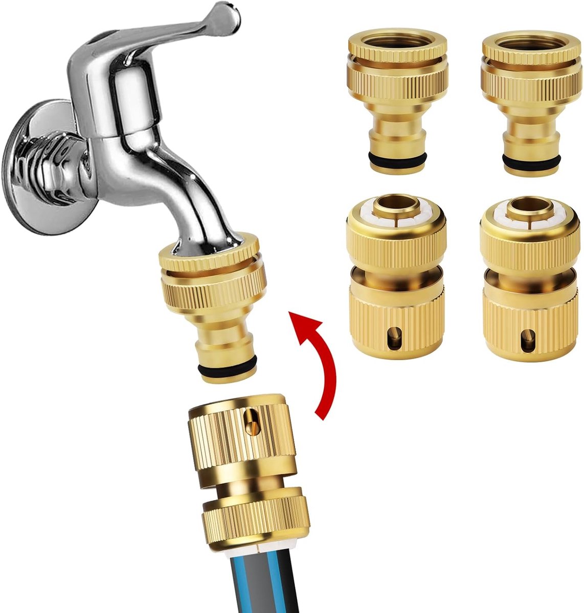 Slangkraanconnectoren 1/2 inch en 3/4 inch 2-in-1 kraanadapter, 1/2 inch tuinslang snelkoppeling, montage voor autowassen en slangaansluiting (4 stuks)