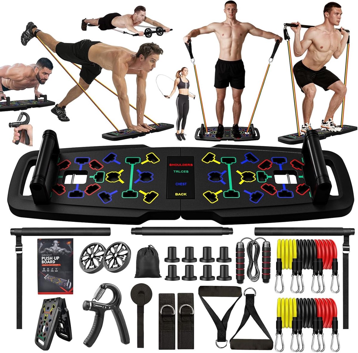 22-in-1 Home Gym Apparatuur Draagbare Push-Up Stand Drukplankhandgreep voor Vloer Home Gym Systeem met 36 Gym Accessoires, Weerstandsbandstang, Maagrollen (grijs)