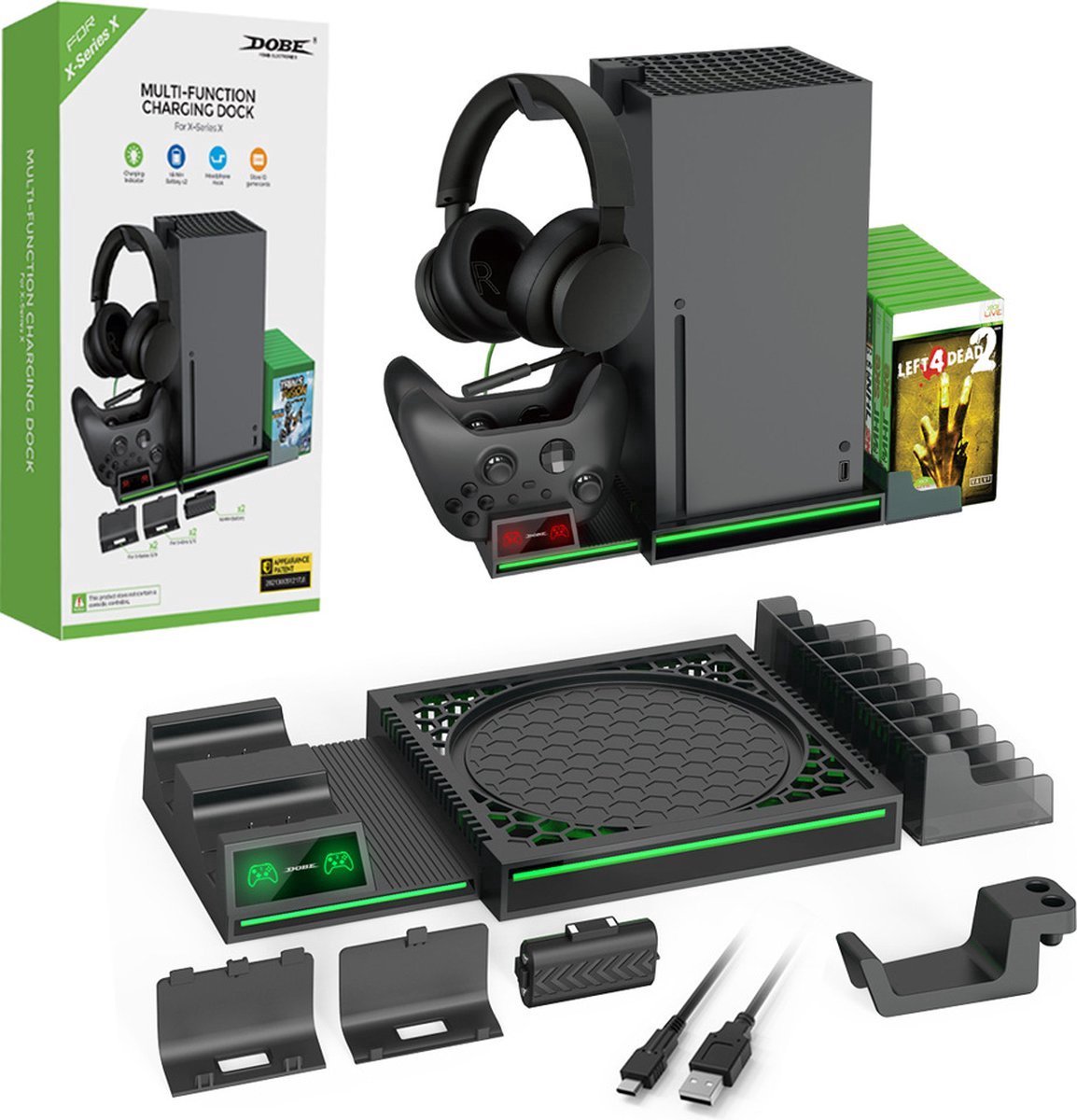 Verticale standaard geschikt voor Xbox Series X - Serie X oplaadstation voor controller - met 2-pack 300mAh oplaadbare batterij - 10 Slot Game Opslag en Headset Haak - geschikt voor Xbox Series X-controller