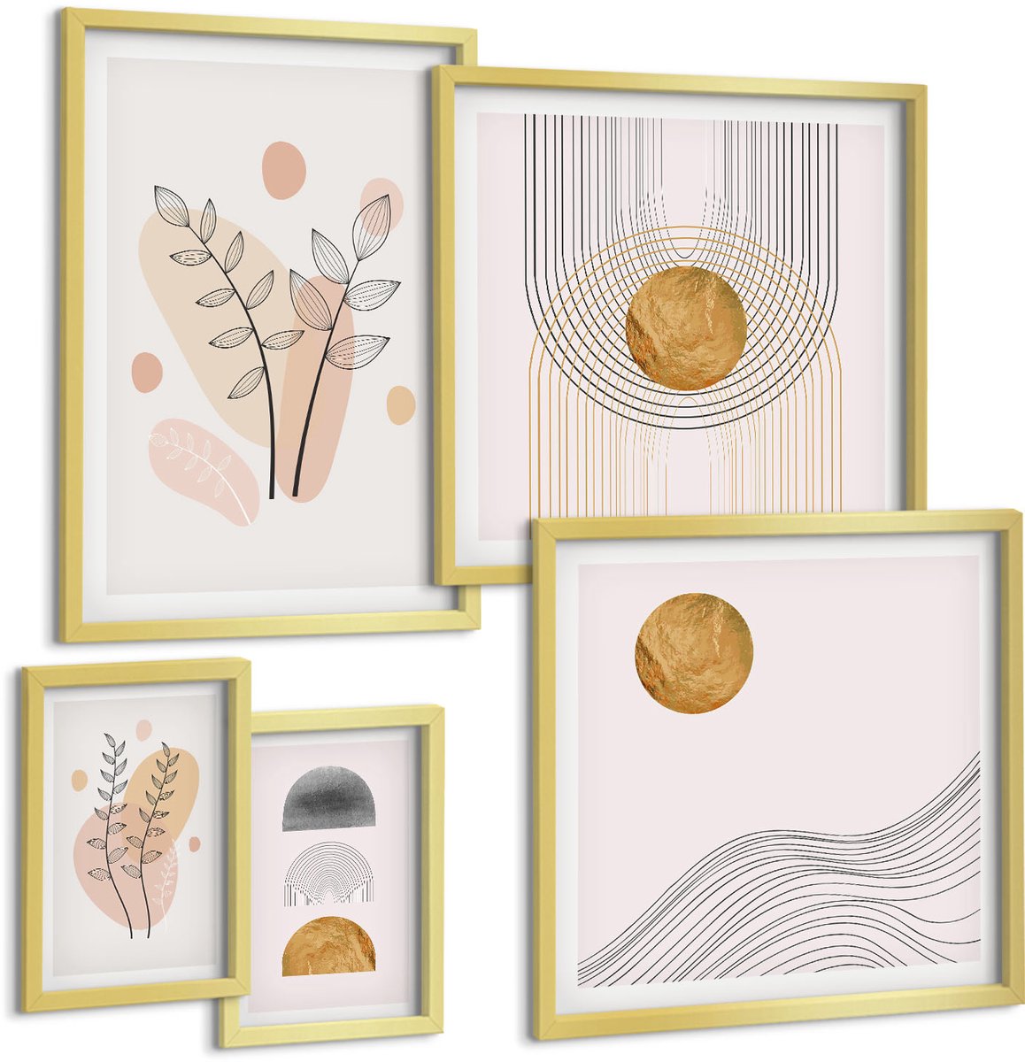 Coloray 5-Delige Schilderij Set - Stijlvolle Decoraties In Een Minimalistisch Design Met Planten. - 50 x 50 cm, 20 x 30 cm En 40 x 60 cm - Wanddecoratie - Muurdecoratie - Woonkamer - Stijlvolle Muurdecoratie