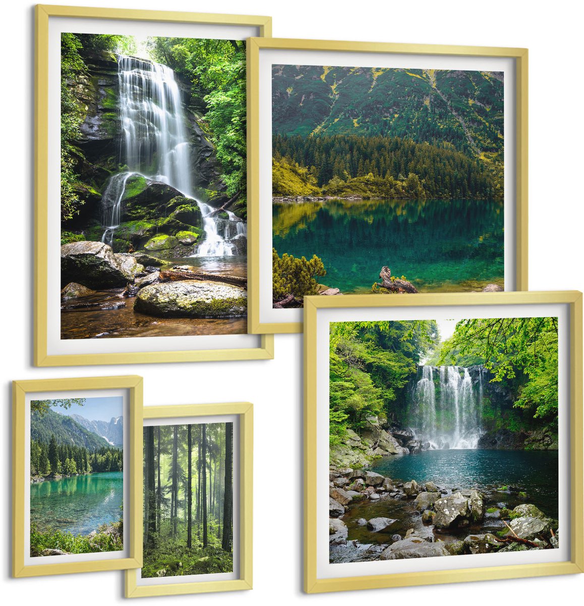 Coloray 5-Delige Schilderij Set - Watervallen En Boslandschappen, Omgeven Door De Natuur. - 50 x 50 cm, 20 x 30 cm En 40 x 60 cm - Muurdecoratie - Interieur Decoratie - Wanddecoratie