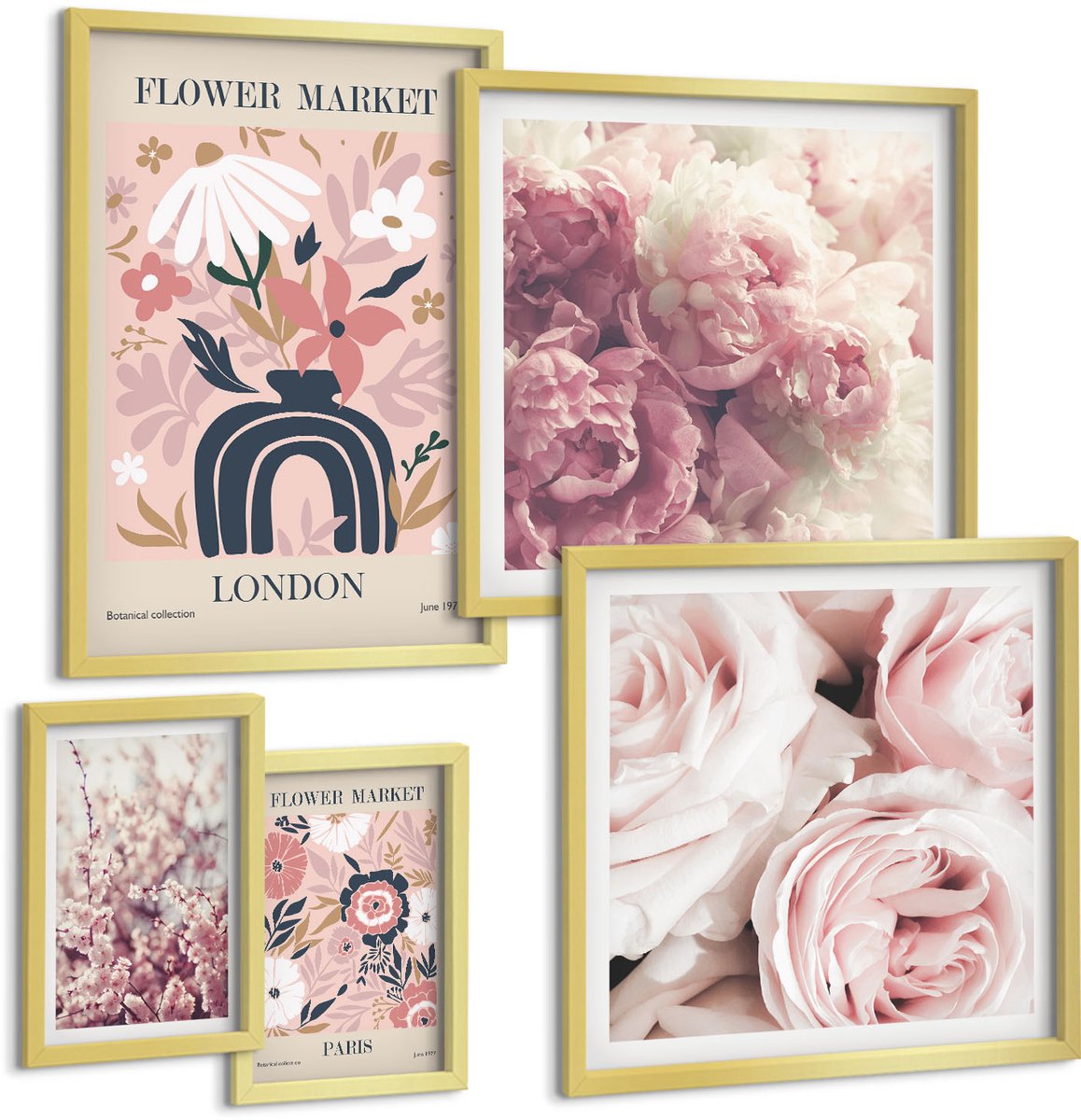 Coloray 5-Delige Schilderij Set - Bloemenmotieven In Boho- En Romantische Decoratiestijl - 50 x 50 cm, 20 x 30 cm En 40 x 60 cm - Decoratieve Schilderijen - Wanddecoratie - Hal - Muurdecoratie