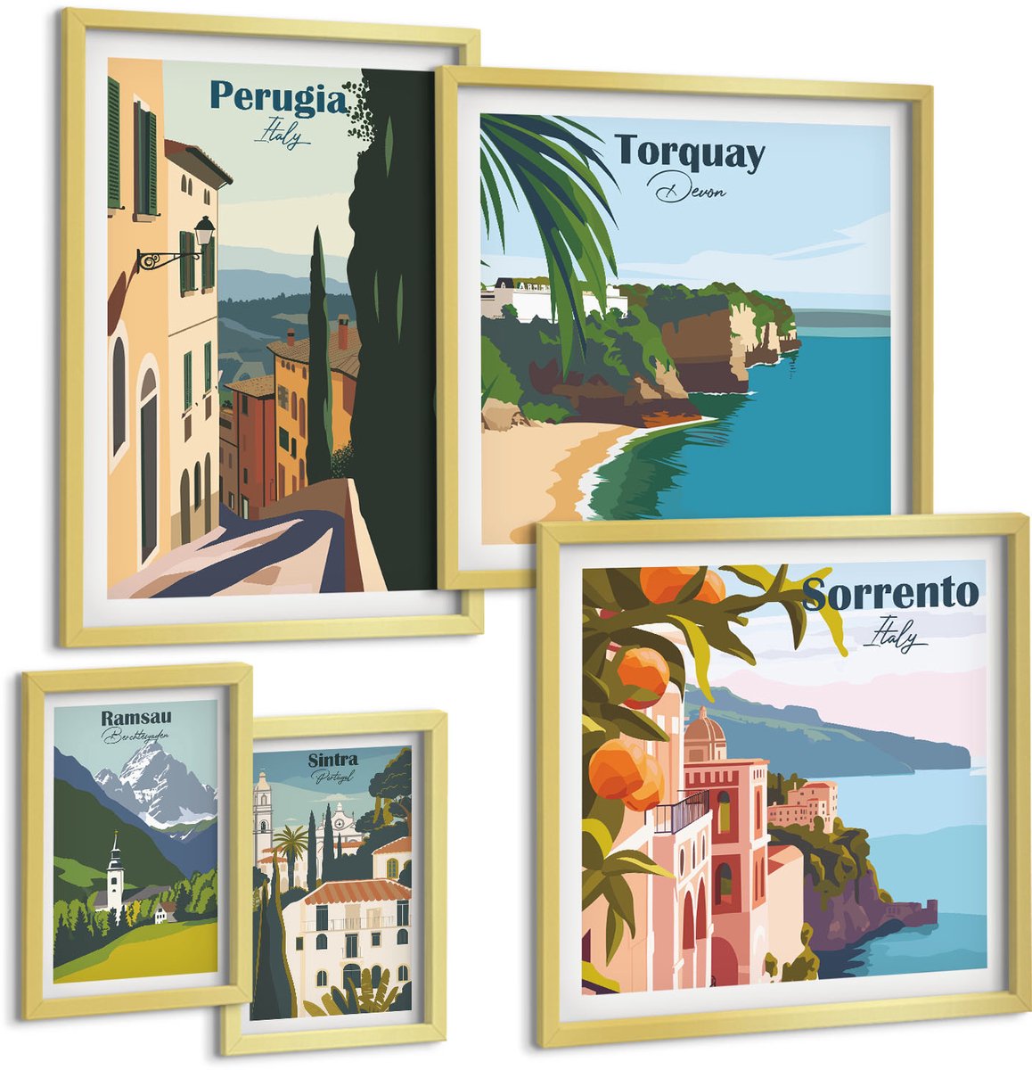 Coloray 5-Delige Schilderij Set - Uitzichten Op Pittoreske Straatjes In Italiaanse Steden - 50 x 50 cm, 20 x 30 cm En 40 x 60 cm - Wanddecoratie - Woonkamer Decoratie