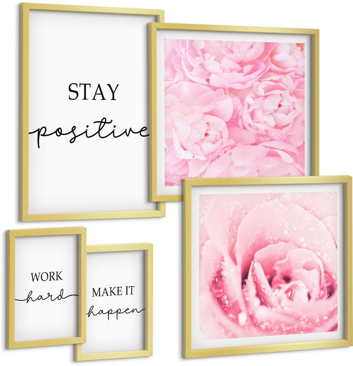 Coloray 5-Delige Schilderij Set - Motiverende Teksten Met Roze Bloemen Voor Interieurdecoratie - 50 x 50 cm, 20 x 30 cm En 40 x 60 cm - Moderne Wanddecoratie - Slaapkamer - Stijlvolle Muurdecoratie