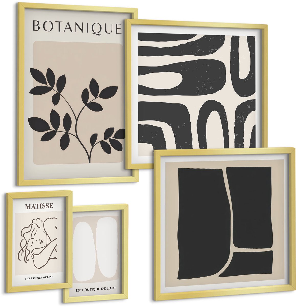 Coloray 5-Delige Schilderij Set - Stijlvolle Afbeeldingen Met Plantmotieven En Abstracte Elementen. - 50 x 50 cm, 20 x 30 cm En 40 x 60 cm - Wanddecoratie - Schilderijen Set - Kantoor - Stijlvolle Muurdecoratie