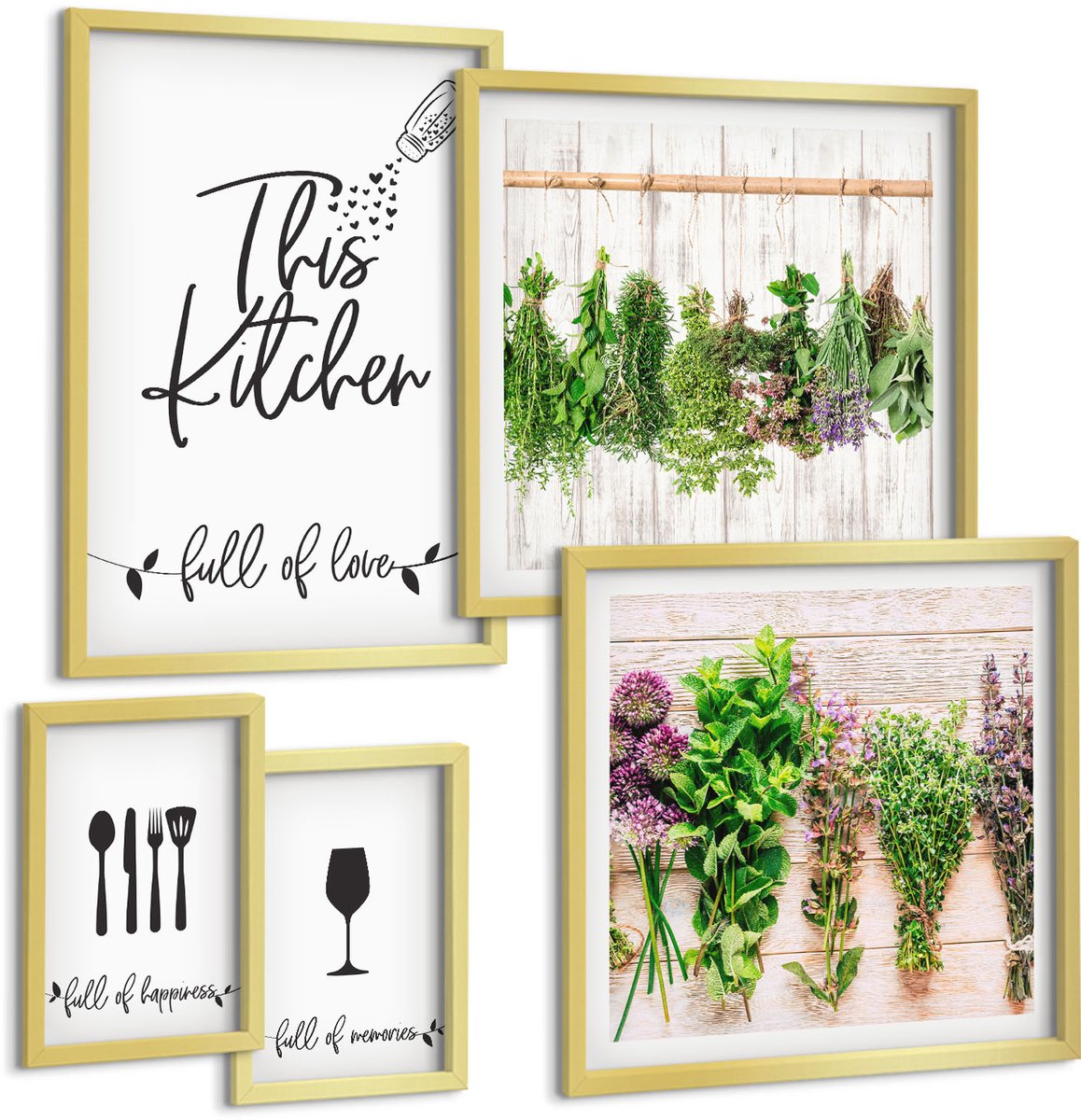 Coloray 5-Delige Schilderij Set - Een Keuken Vol Liefde: Kruiden En Culinaire Accessoires - 50 x 50 cm, 20 x 30 cm En 40 x 60 cm - Wanddecoratie - Moderne Interieurdecoratie - Interieur Decoratie