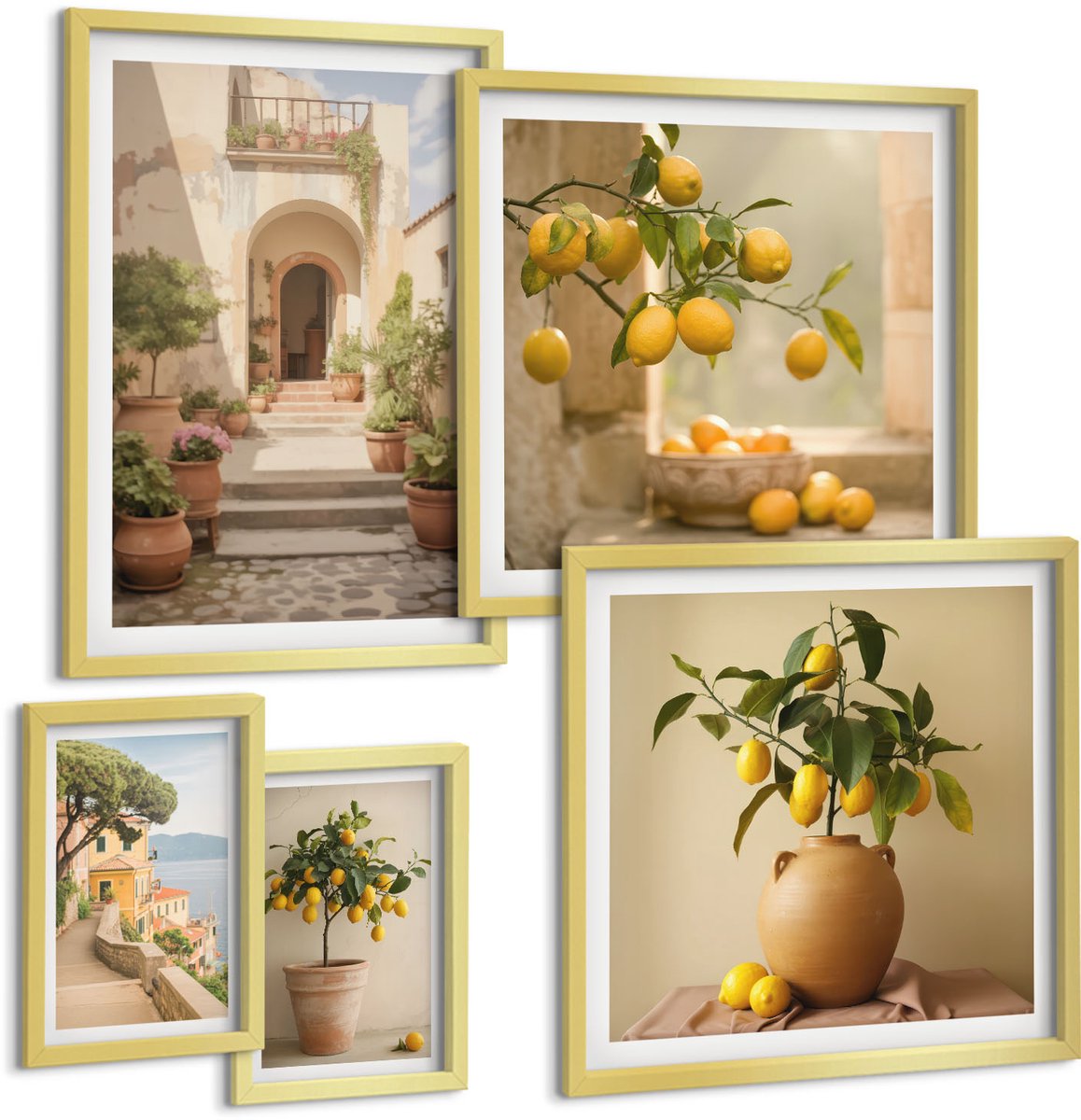 Coloray 5-Delige Schilderij Set - Stijlvolle Citrusdecoraties In Een Rustieke Omgeving - 50 x 50 cm, 20 x 30 cm En 40 x 60 cm - Wanddecoratie - Schilderijen Set - Kantoor - Moderne Wanddecoratie