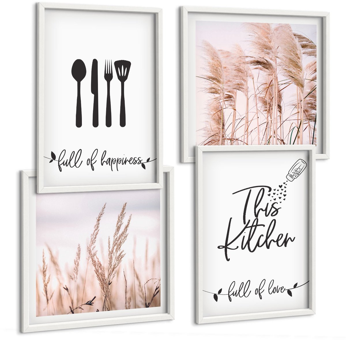Coloray 4-Delige Schilderij Set - Keukenbelettering Delicate Boho Grassen - 40 x 40 En 40 x 60 - Muurdecoratie - Interieur Decoratie - Wanddecoratie