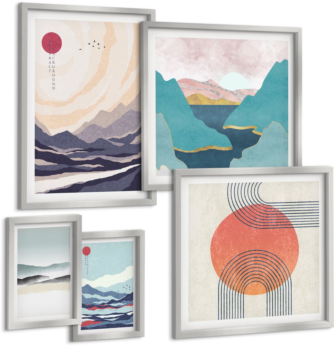 Coloray 5-Delige Schilderij Set - Stijlvolle Portretten En Abstracte Vormen In Pastelkleuren. - 20 x 30 cm - Wanddecoratie - Schilderijen Set - Kantoor - Moderne Wanddecoratie