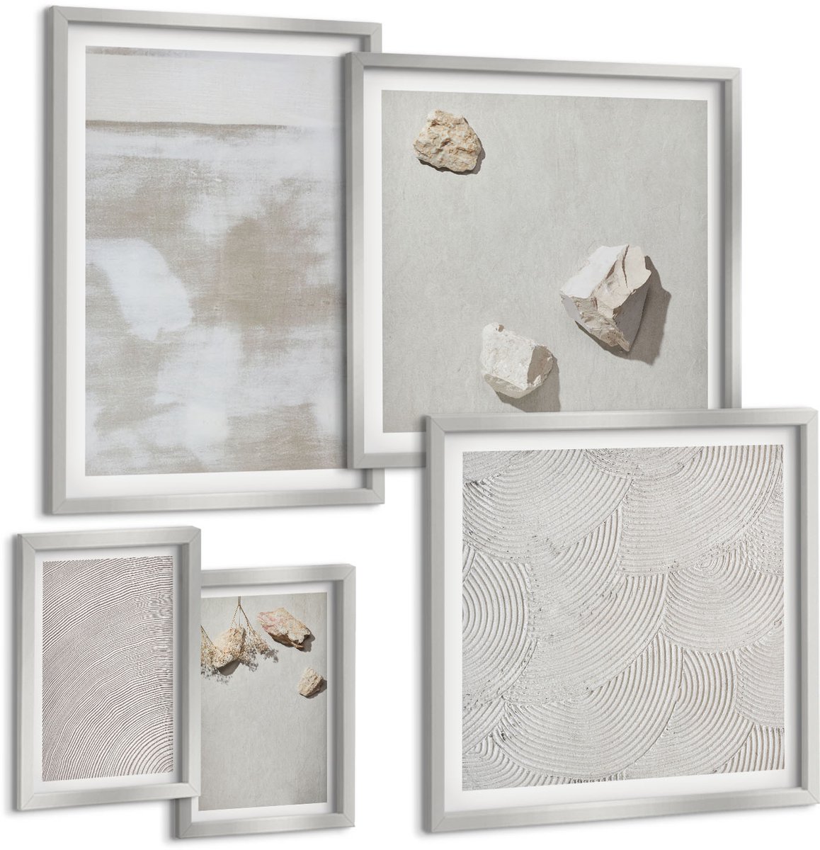 Coloray 5-Delige Schilderij Set - Bloemenpatronen En Minimalistische Lijnen In Neutrale Kleuren. - 20 x 30 cm - Decoratieve Schilderijen - Woonkamer - Interieur - Moderne Wanddecoratie