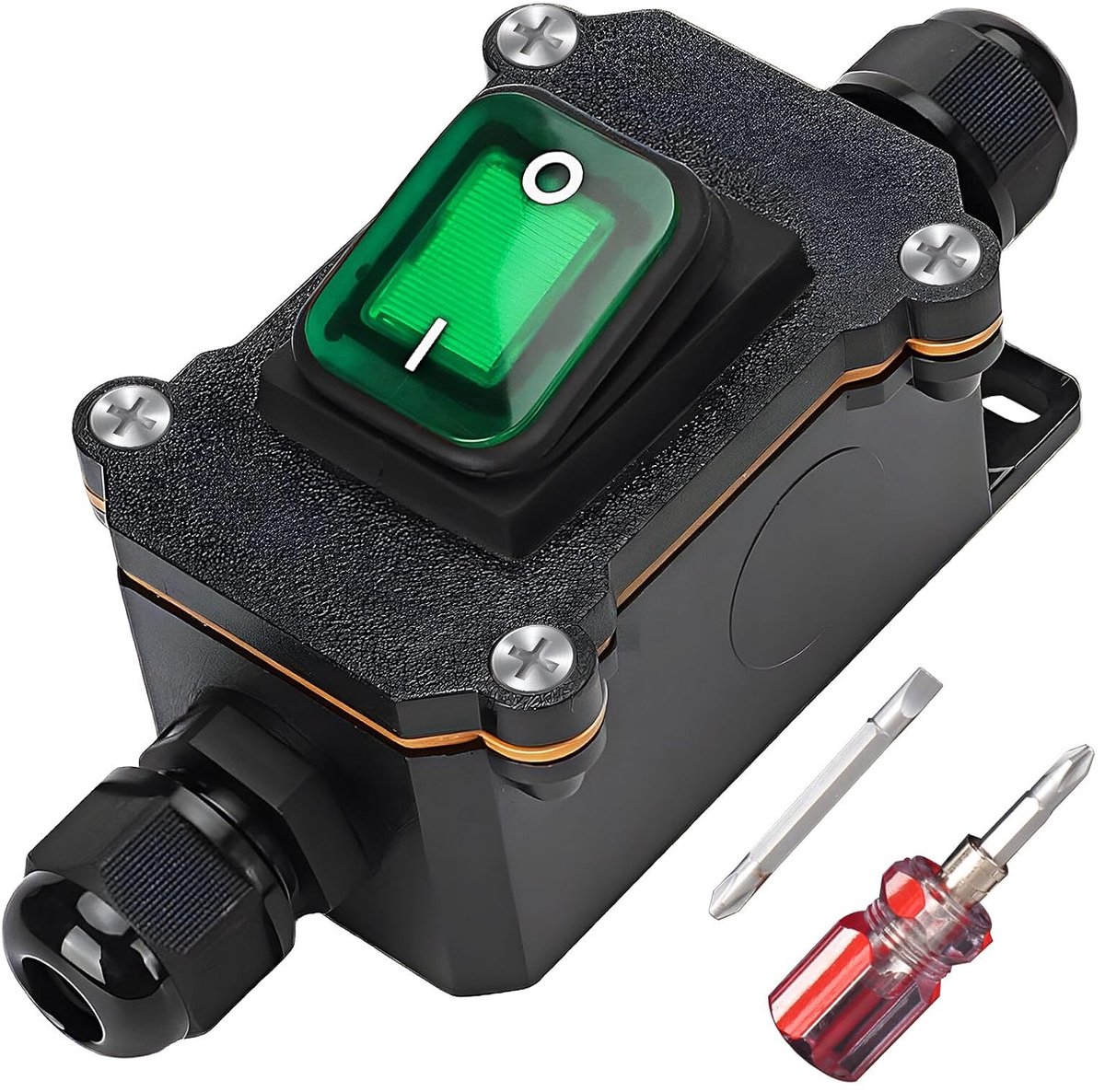 Waterdichte inline schakelaar, 12 V DC 20 A, DPST, 4-polig: 12 V, kabelschakelaar, snoerschakelaar, tuimelschakelaar met groen LED-licht, joysticktoetsen aan beide zijden aan en uitgang
