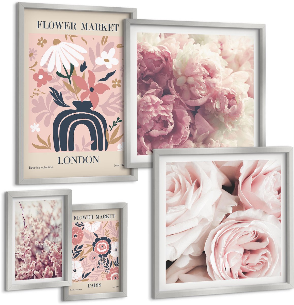 Coloray 5-Delige Schilderij Set - Bloemenpatronen Uit Amsterdam, Parijs En Londen - 20 x 30 cm - Decoratieve Muurdecoratie - Slaapkamer - Moderne Wanddecoratie