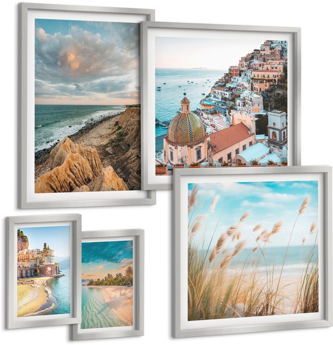 Coloray 5-Delige Schilderij Set - Kustlandschappen Met Strand, Stad En Kliffen - 20 x 30 cm - Schilderijen Set - Wanddecoratie - Woonkamer - Stijlvolle Muurdecoratie