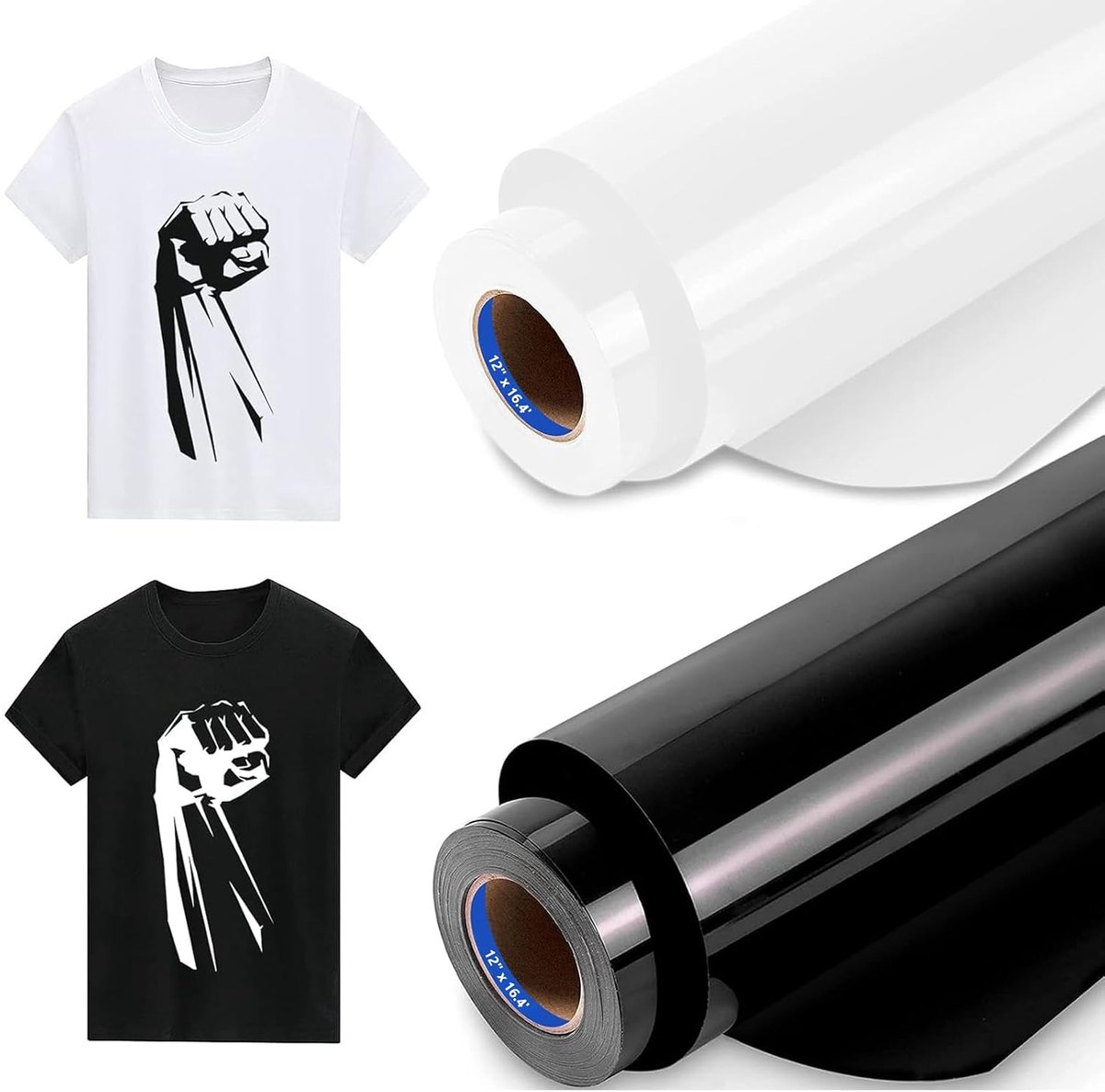 [5M + 5M] MeYuxg Opstrijkbare Vinylrol Voor Stoffen Wit & Zwart, 2 Rollen 30.5cm x 500cm Iron On Heat Transfer Vinyl, Warmteoverdracht Vinyl, Opstrijkbare Flex Voor Stoffen, T-Shirts (Wit & Zwart)