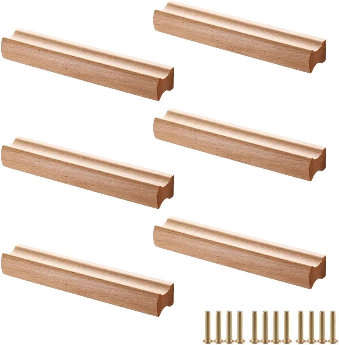 Pakket van 6 houten meubelgrepen, kastgrepen van hout met schroeven, gatafstand 64 mm, voor kasten, badkamers, kantoren en keukens