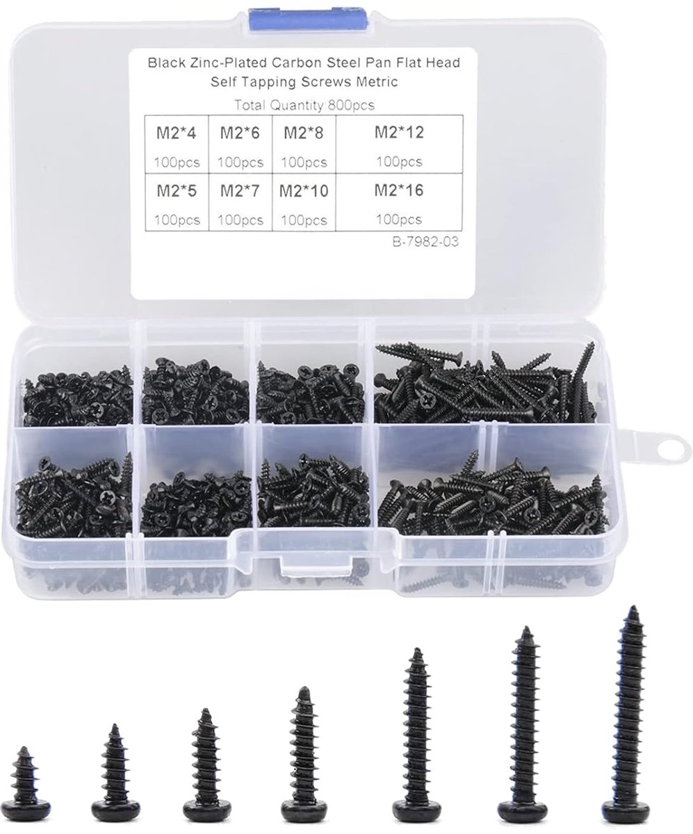 Zelftappende schroef, 500 stuks M3 kruis aandrijfknop, pankop, ronde kopschroeven, sluiting, assortiment met kunststof doos (zwart)