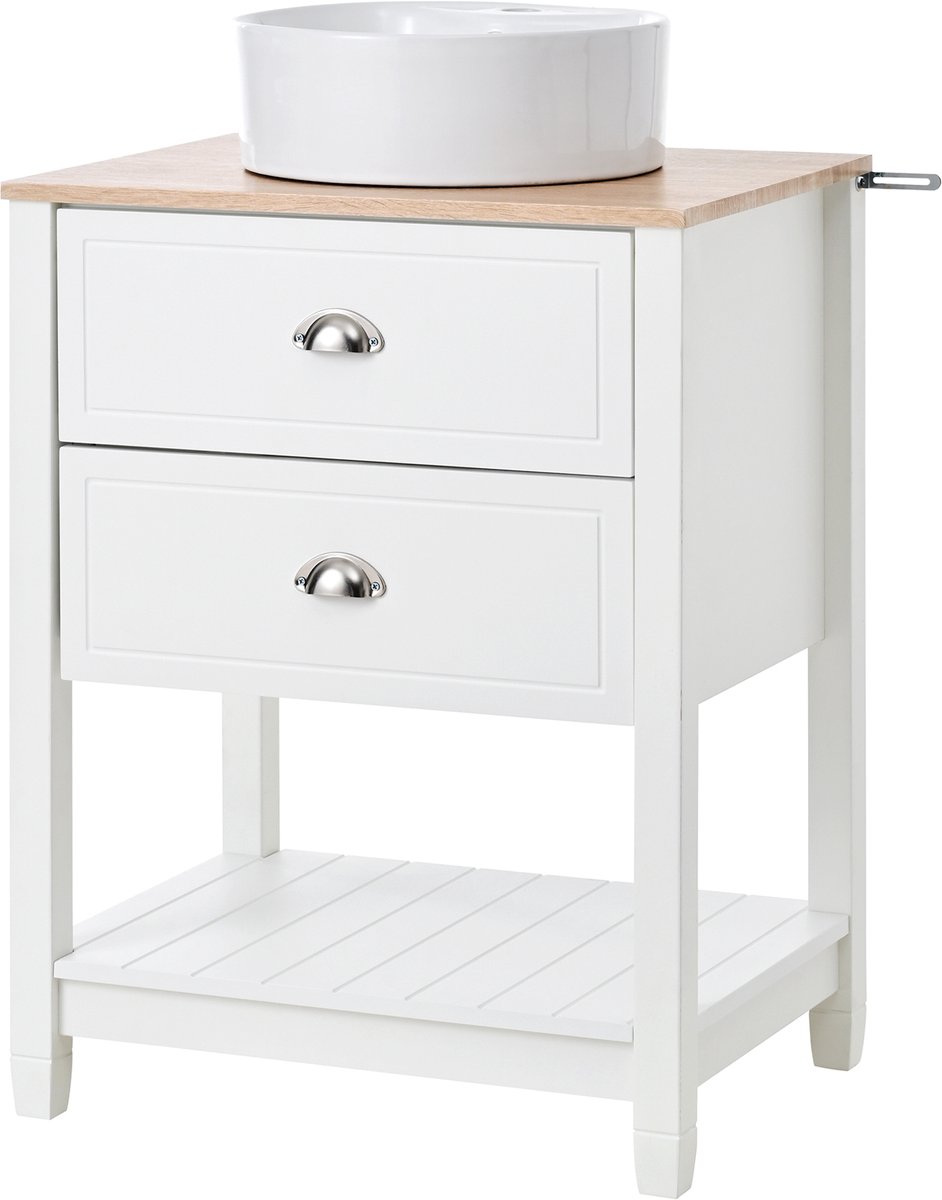 Vrijstaand Badkamermeubel - Keramische Ronde Waskom - Wastafelonderkast Met 2 Lades - Badkamermeubel Wit En Houtlook - 60x45x91cm - Opbergen