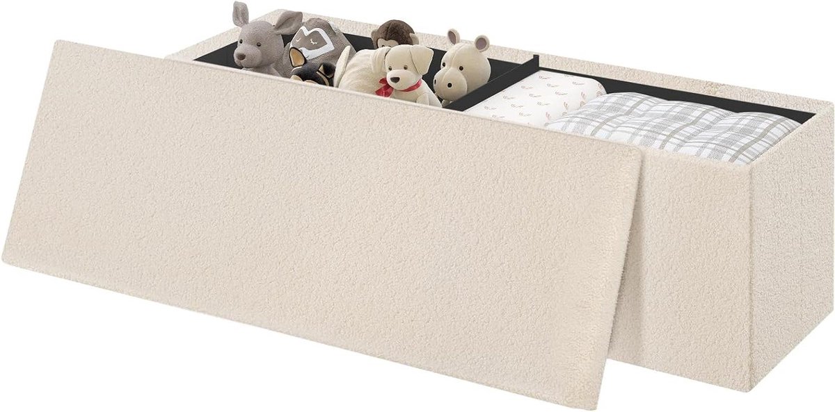Opbergbank - Voetenbank poef - Ruimte Organiseren - Met Teddy Fleece - 110 cm - Beige