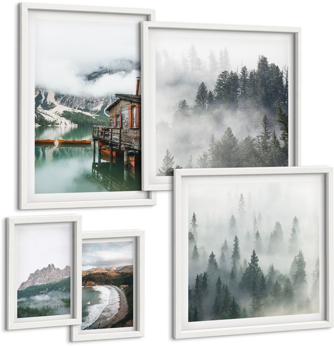 Coloray 5-Delige Schilderij Set - Berglandschappen Met Huisjes Aan Het Water En In De Bossen. - 50 x 50 cm, 20 x 30 cm En 40 x 60 cm - Stijlvolle Muurdecoratie - Slaapkamer
